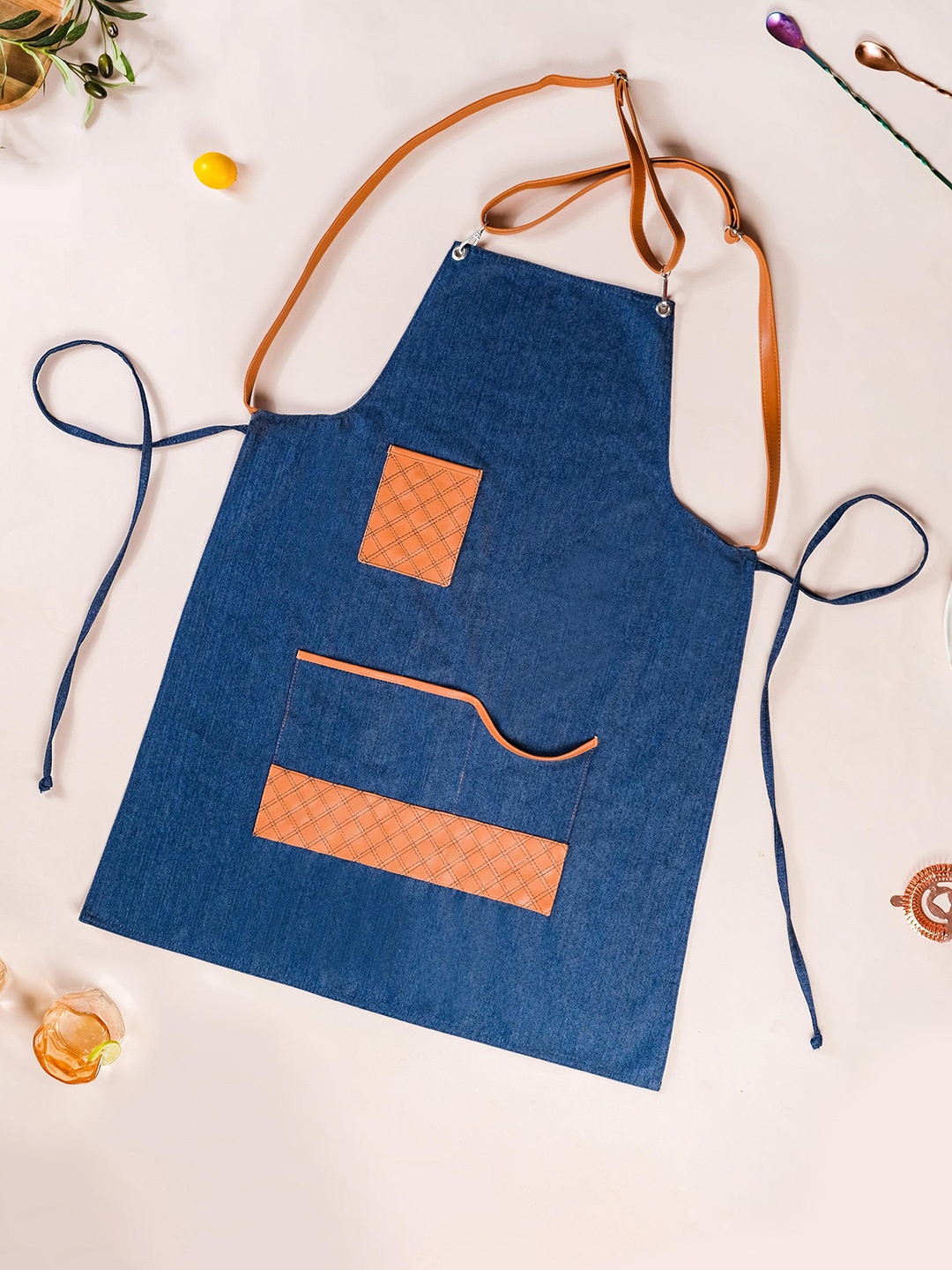 

Nestasia Blue & Orange Cotton Denim Kitchen Apron With 3 Pockets & Removable Strap