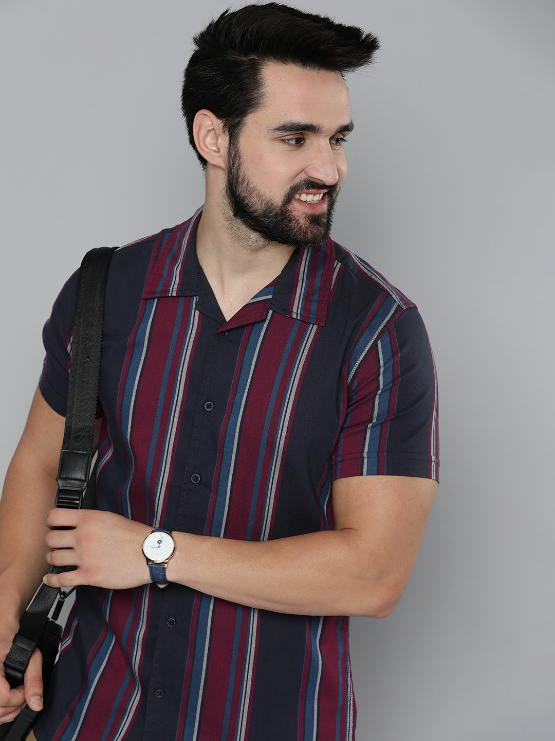 

HERE&NOW Men Slim Fit Opaque Striped Casual Shirt, Navy blue
