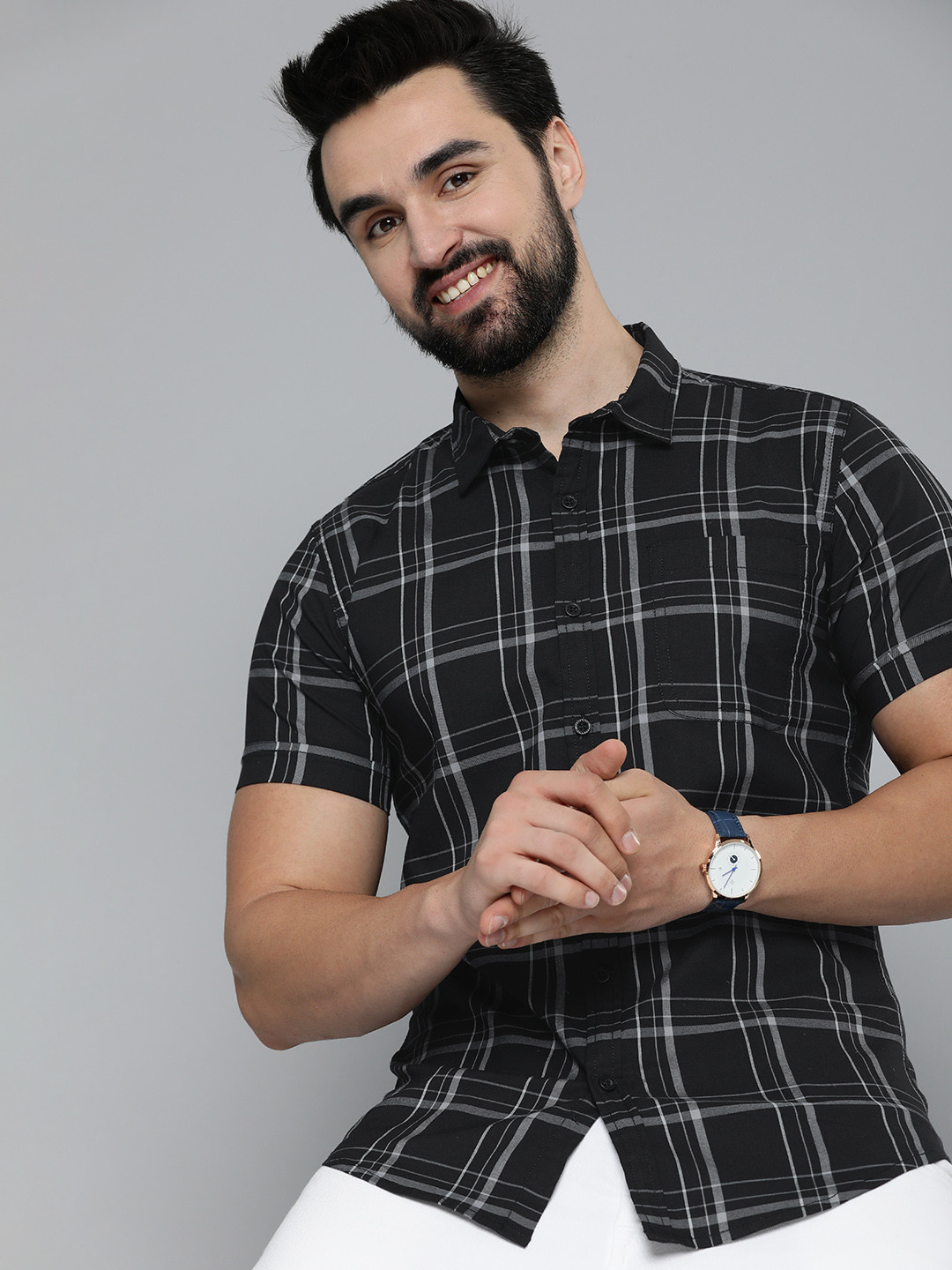 

HERE&NOW Men Slim Fit Tartan Checked Casual Shirt, Black