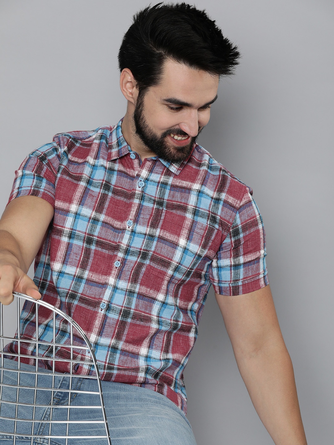 

HERE&NOW Men Slim Fit Tartan Checked Casual Shirt, Turquoise blue
