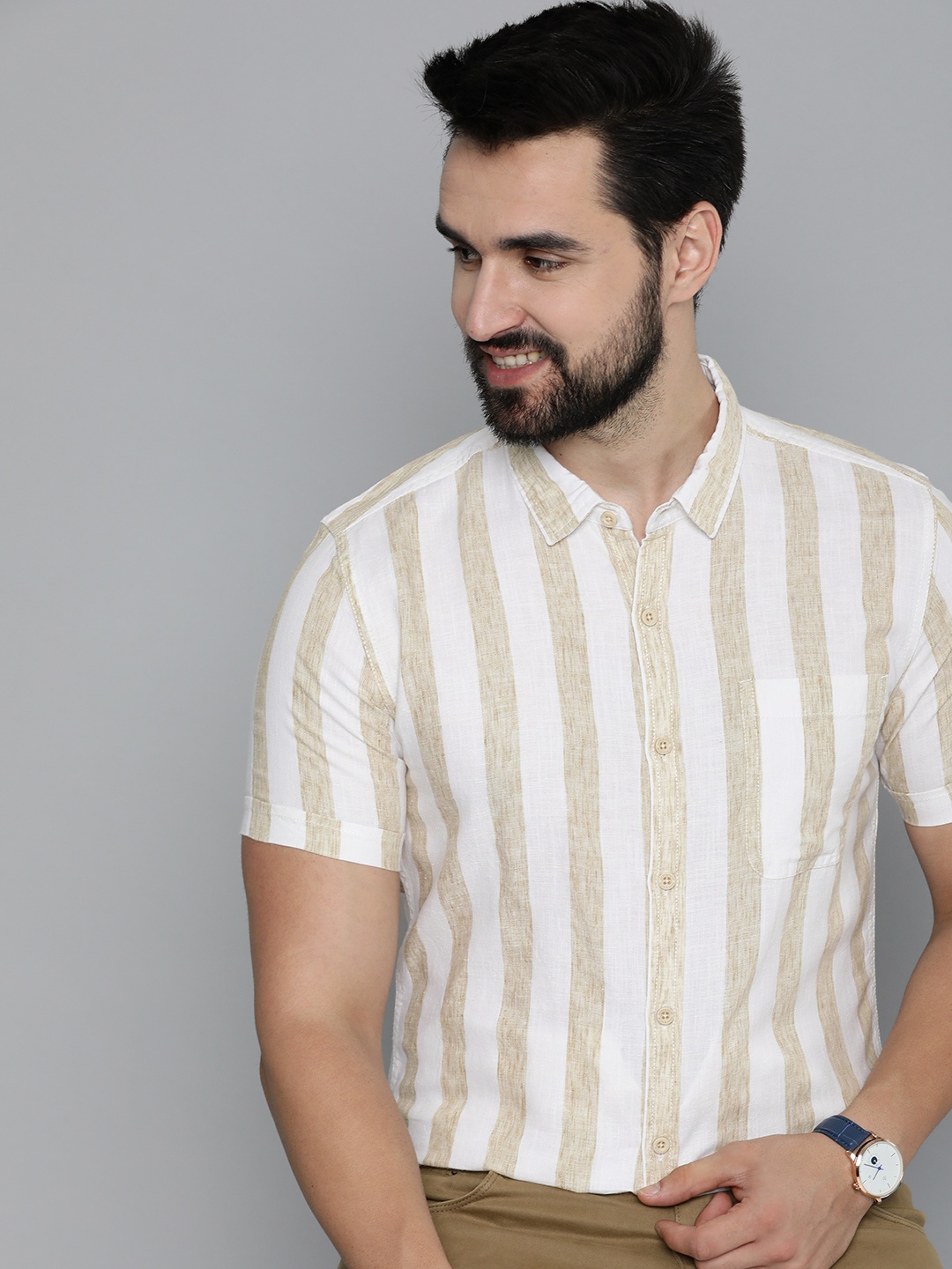 

HERE&NOW Men Slim Fit Opaque Striped Casual Shirt, White