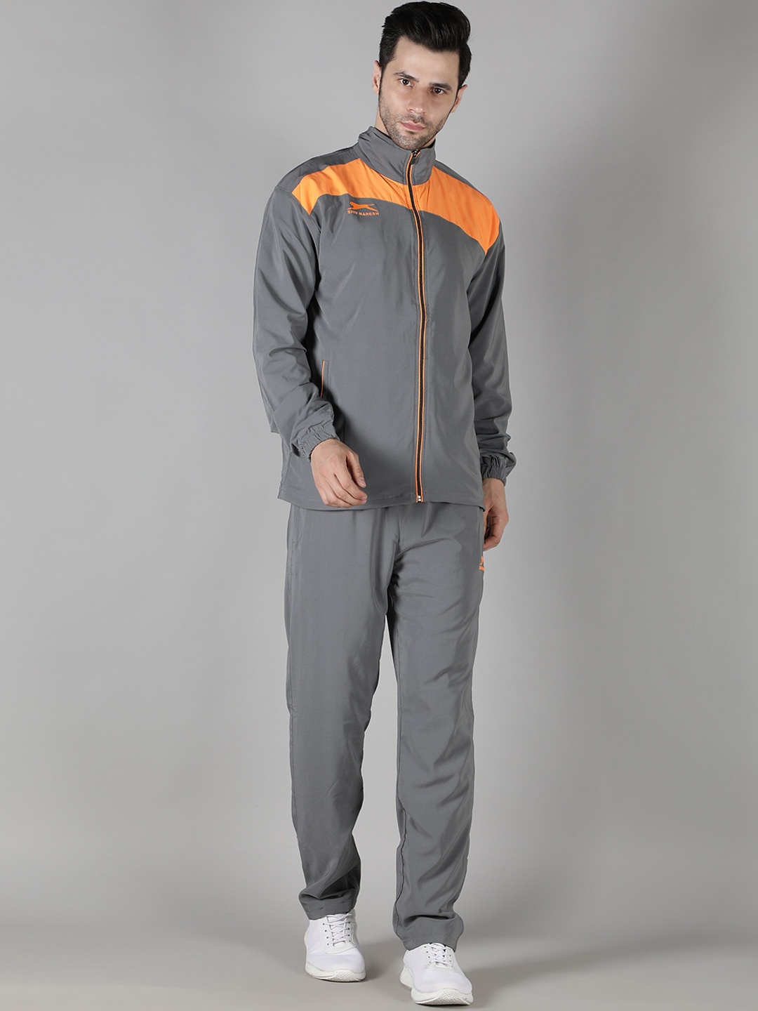 

Shiv Naresh Men Colourblocked Mock Collar Sports Tracksuit, Grey