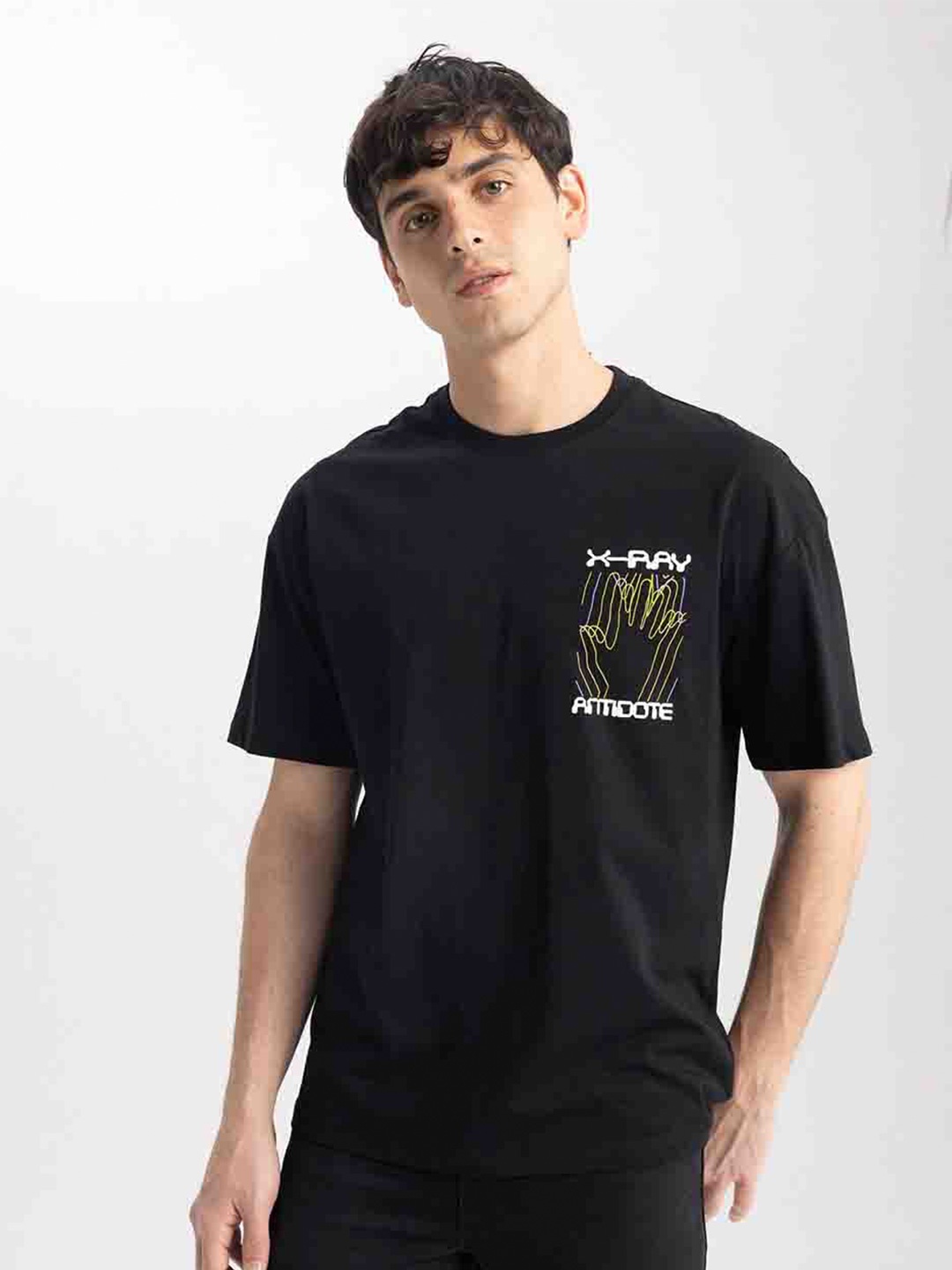 DeFacto Typography Printed Pure Cotton T-shirt, Black