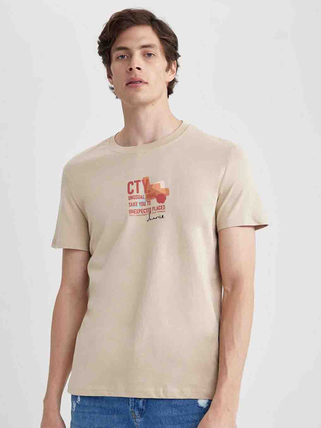 

DeFacto Typography Printed Pure Cotton T-shirt, Beige