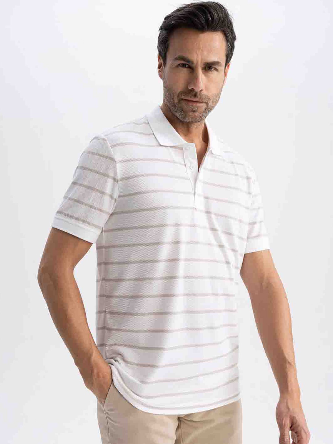 

DeFacto Striped Polo Collar T-shirt, White