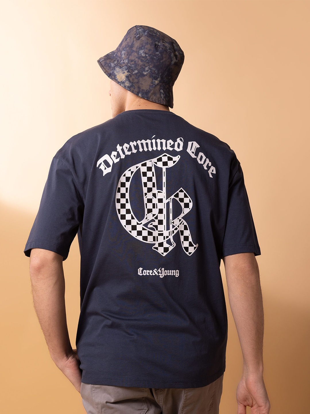 

DeFacto Typography Printed Drop-Shoulder Sleeves Pure Cotton T-shirt, Navy blue