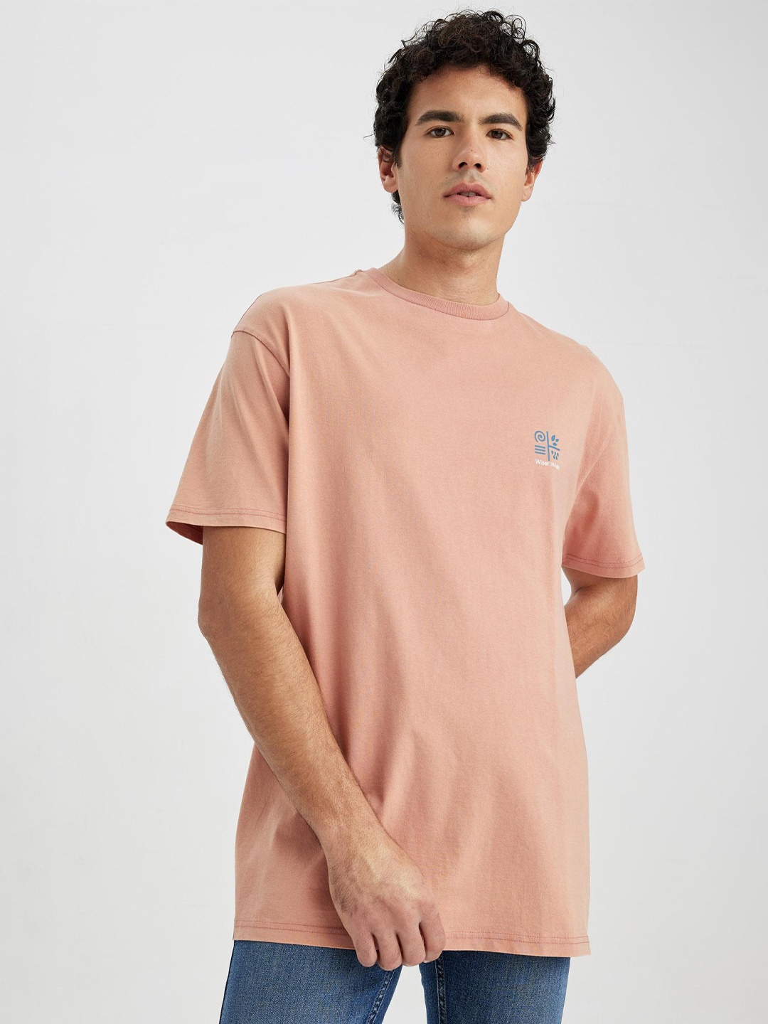 

DeFacto Drop Shoulder Sleeves Pure Cotton Long Line T-shirt, Peach