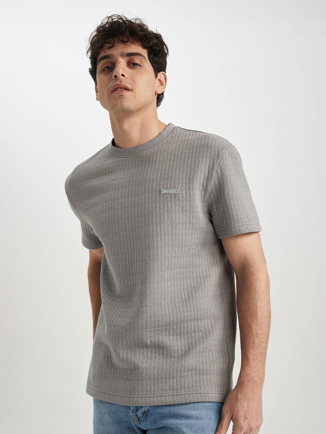 

DeFacto Self Design Round Neck T-Shirt, Grey