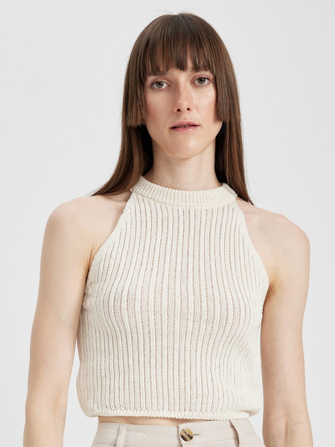 

DeFacto Self Design Halter Neck Crop Top, Cream