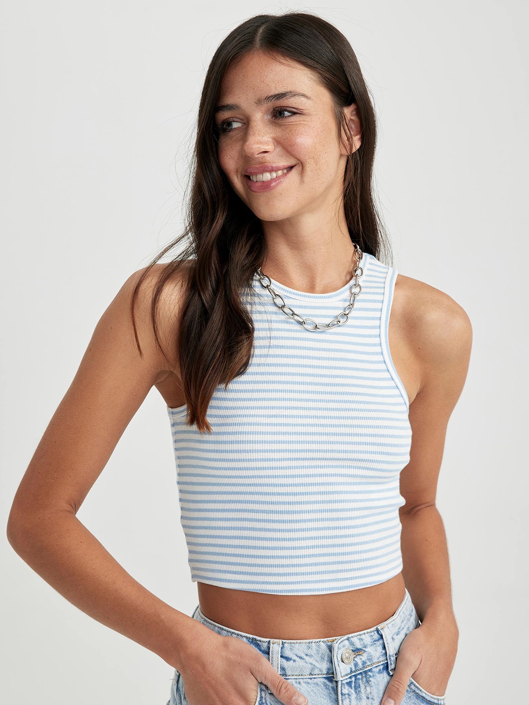 

DeFacto Striped Fitted Crop Top, Blue