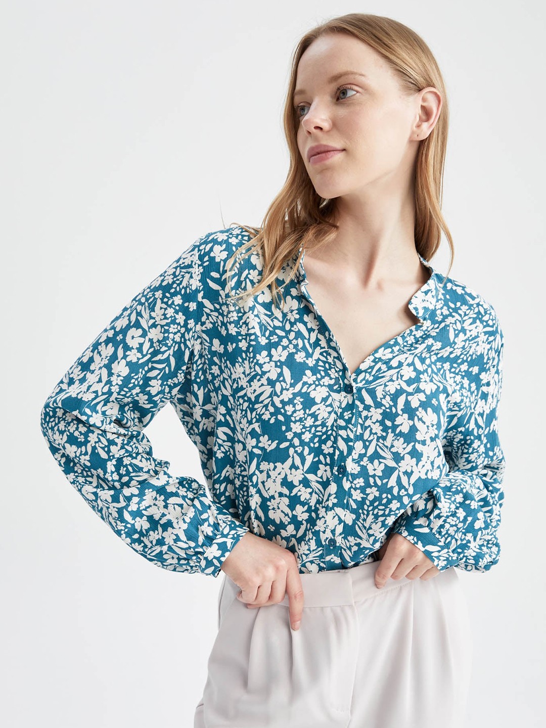 

DeFacto Floral Print Shirt Style Top, Blue