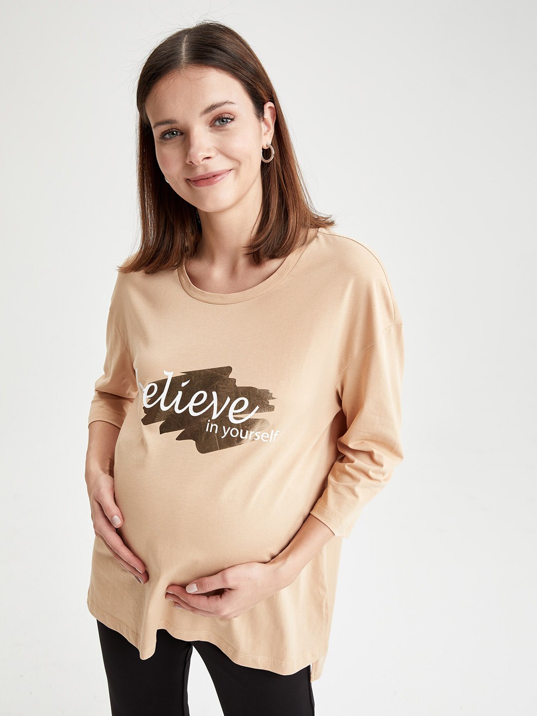 

DeFacto Typography Printed Cotton Maternity Top, Beige
