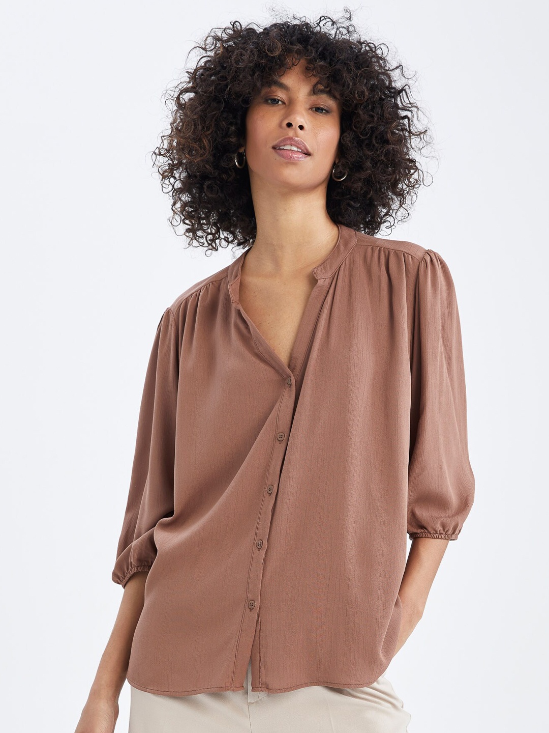 

DeFacto Puff Sleeves Shirt Style Top, Brown