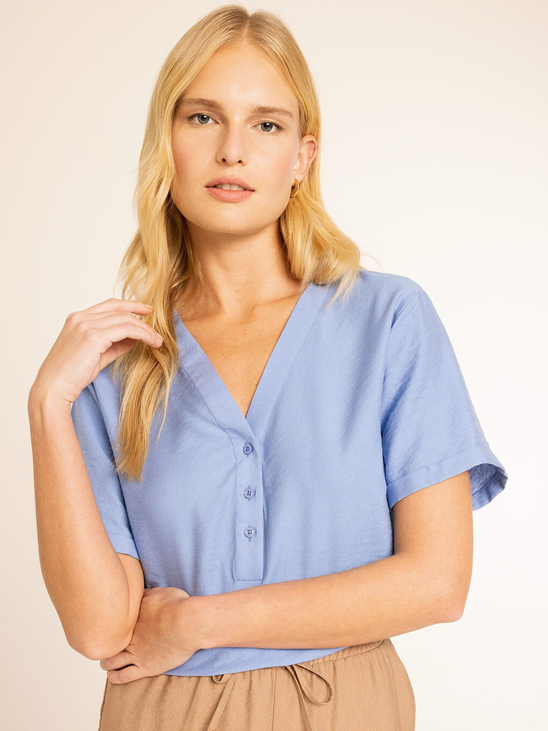

DeFacto V-Neck Blouson Top, Blue