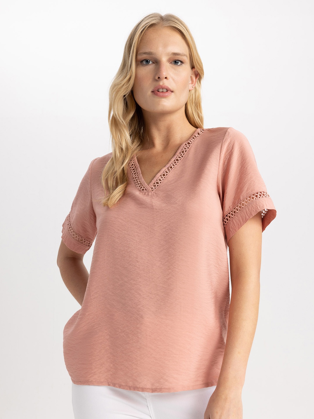 

DeFacto V-Neck Short Sleeves Top, Pink