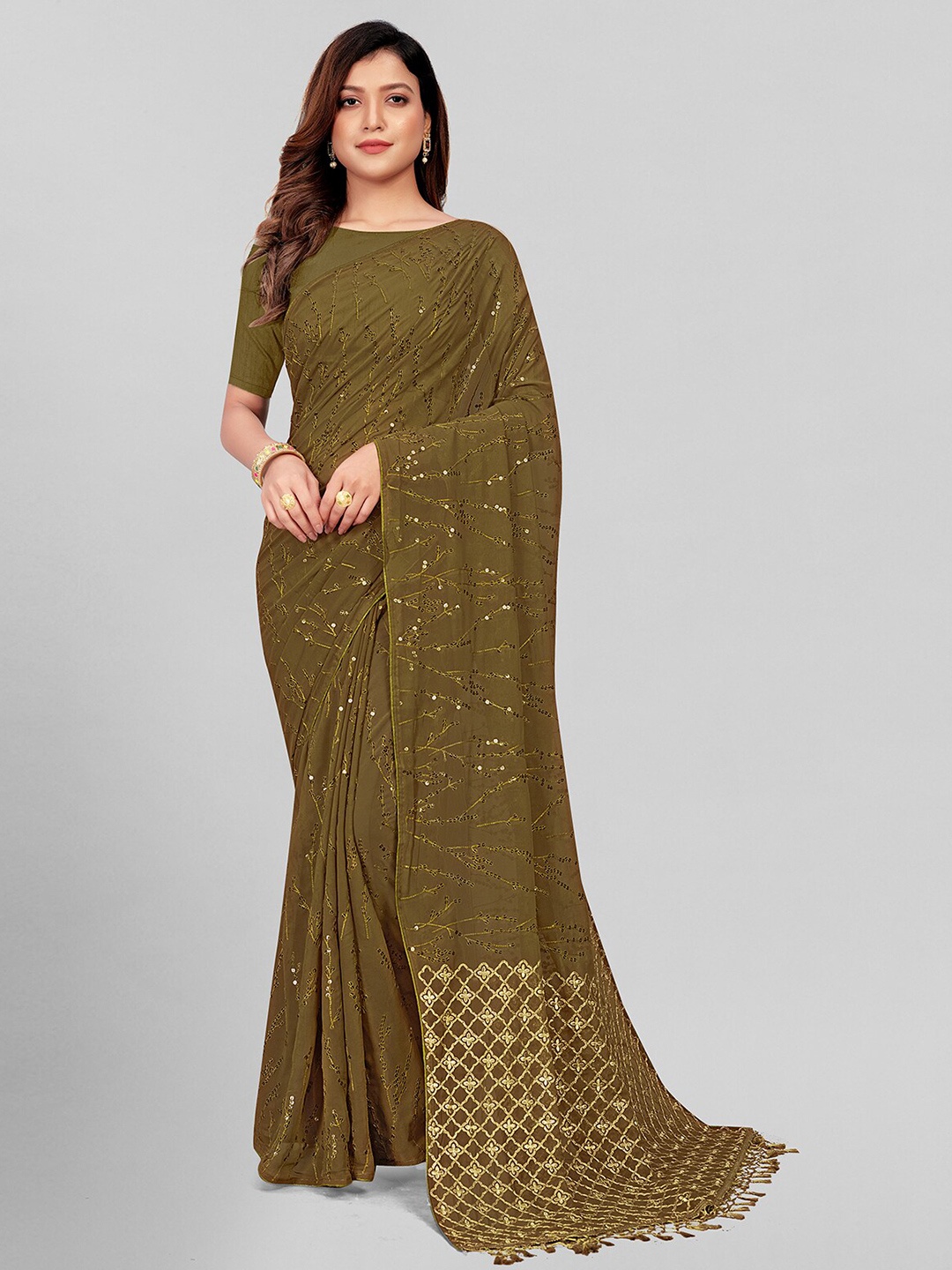 

KALINI Embellished Sequinned Pure Georgette Saree, Olive