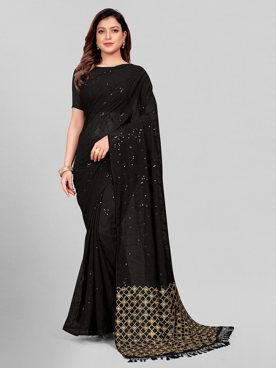 

KALINI Embellished Sequinned Pure Georgette Saree, Black