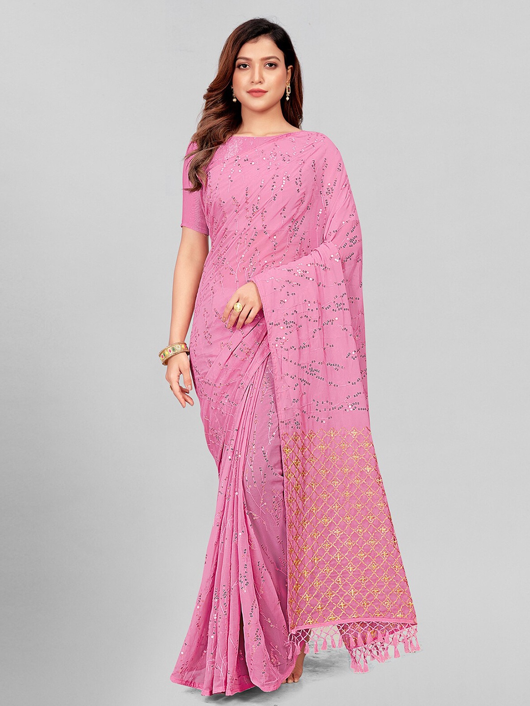 

KALINI Embellished Sequinned Pure Georgette Saree, Pink