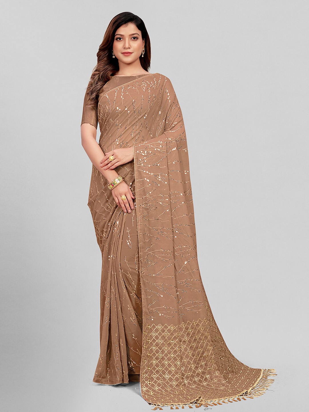 

KALINI Embellished Sequinned Pure Georgette Saree, Beige