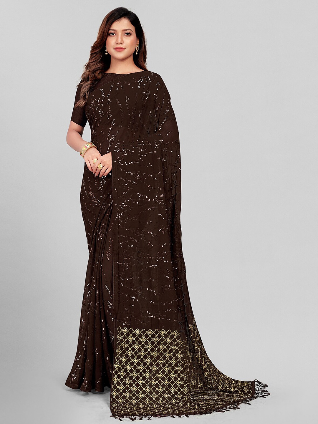 

KALINI Embellished Sequinned Pure Georgette Saree, Brown