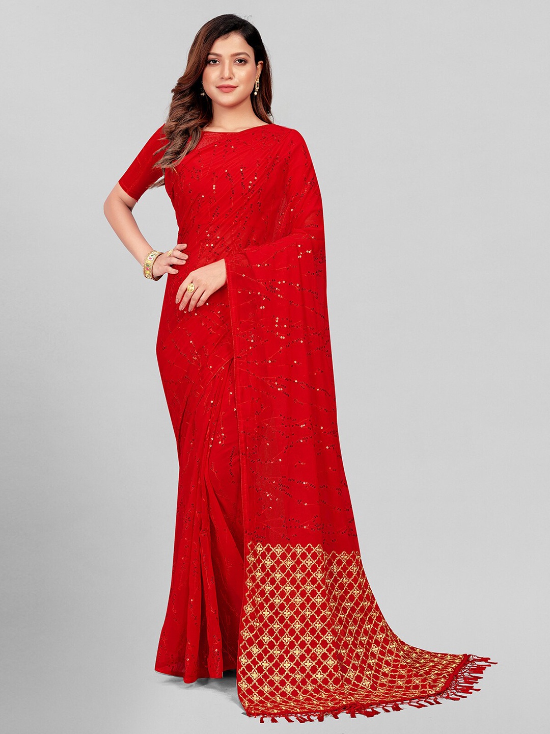 

KALINI Embellished Sequinned Pure Georgette Saree, Red