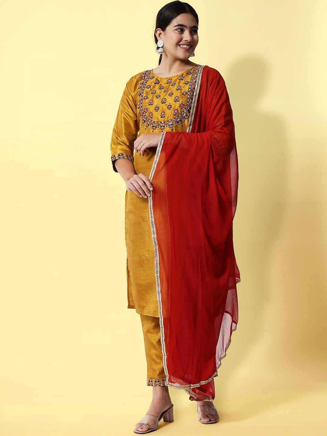 

KALINI Ethnic Motifs Yoke Design Thread Work Kurta with Trousers & Dupatta, Mustard