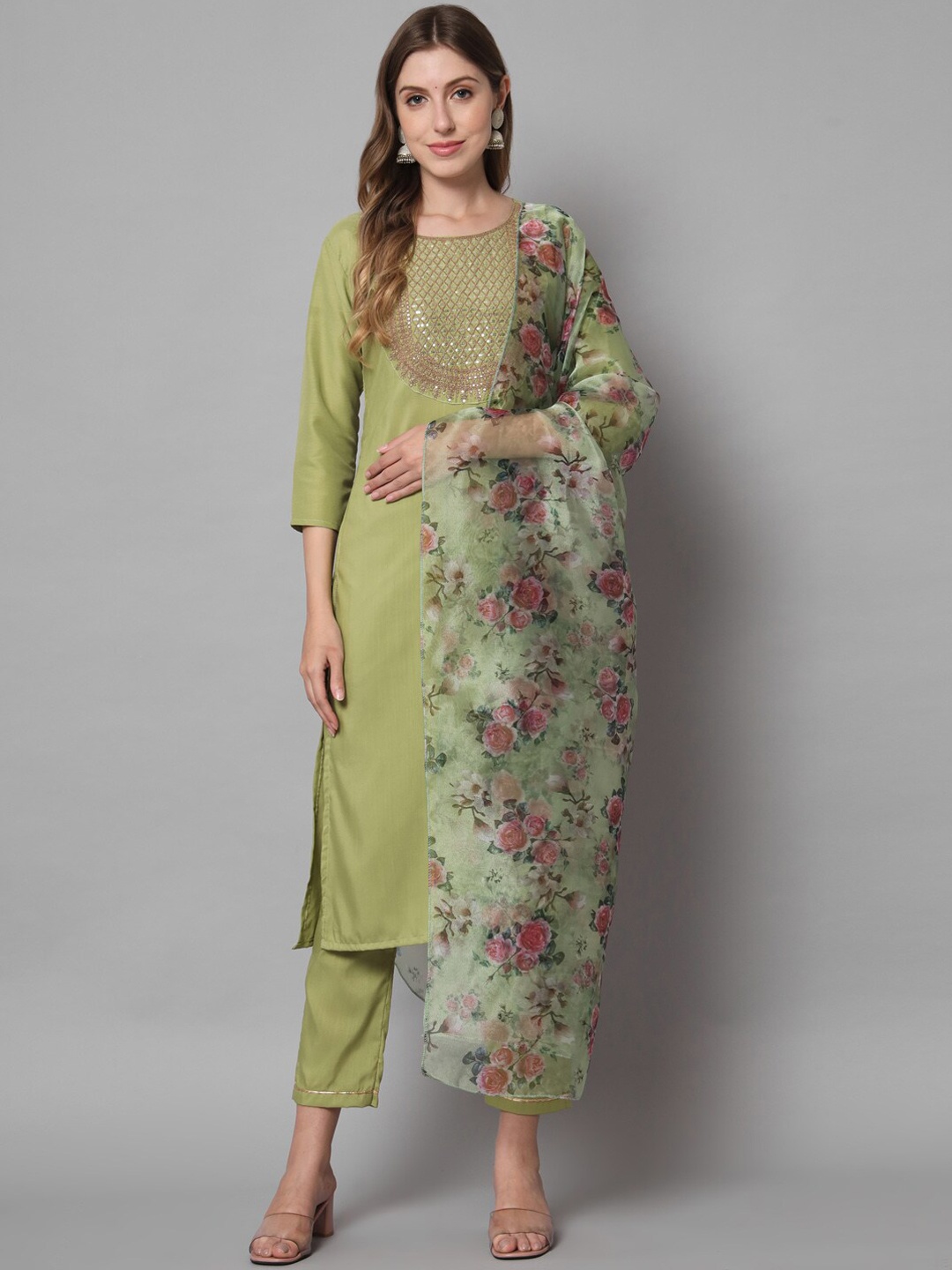 

KALINI Ethnic Motifs Embroidered Sequined Kurta with Trousers & Dupatta, Green