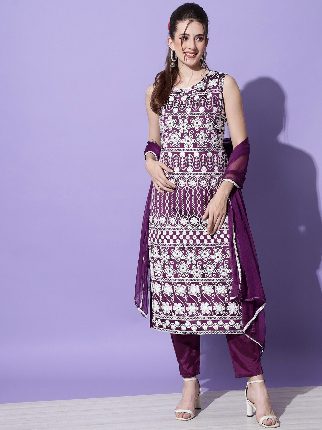

KALINI Ethnic Motifs Embroidered Straight Kurta with Trousers & Dupatta, Purple