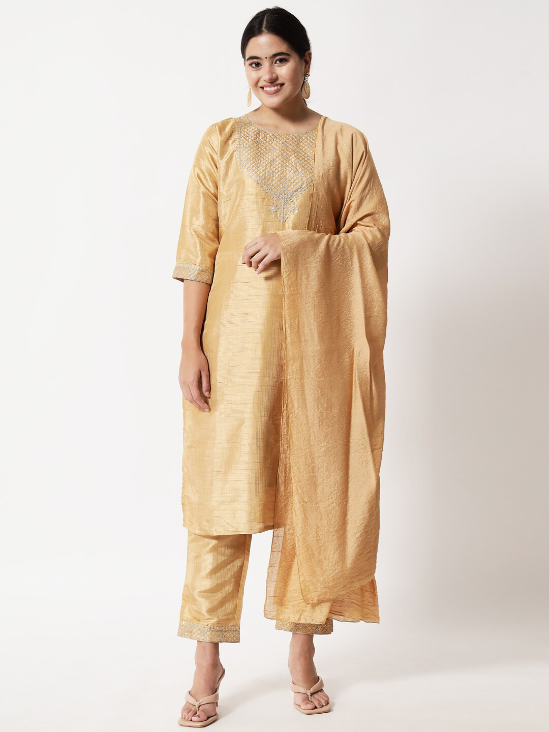 

KALINI Geometric Yoke Design Sequinned Regular Kurta with Trousers & With Dupatta, Gold