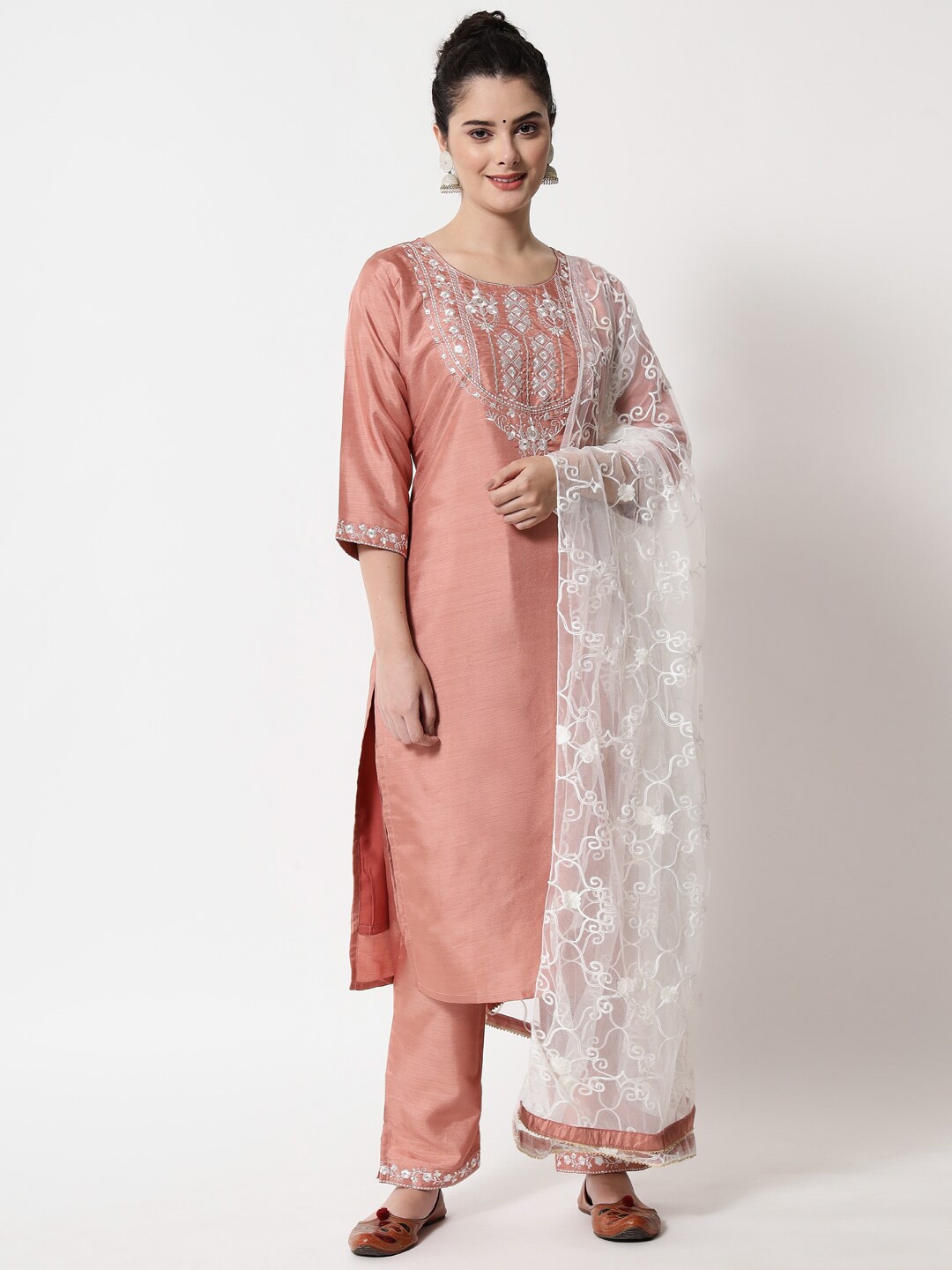 

KALINI Ethnic Motifs Embroidered Sequined Kurta with Trousers & Dupatta, Peach