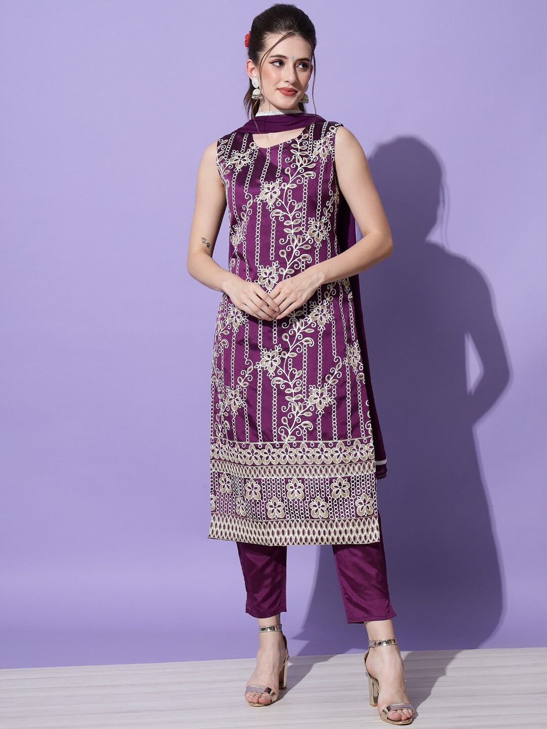

KALINI Ethnic Motifs Embroidered Kurta with Trousers & Dupatta, Purple