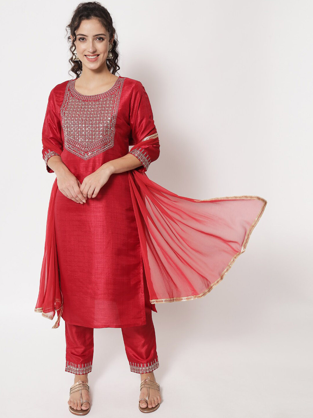 

KALINI Ethnic Motifs Yoke Design Sequinned Kurta with Trousers & With Dupatta, Red