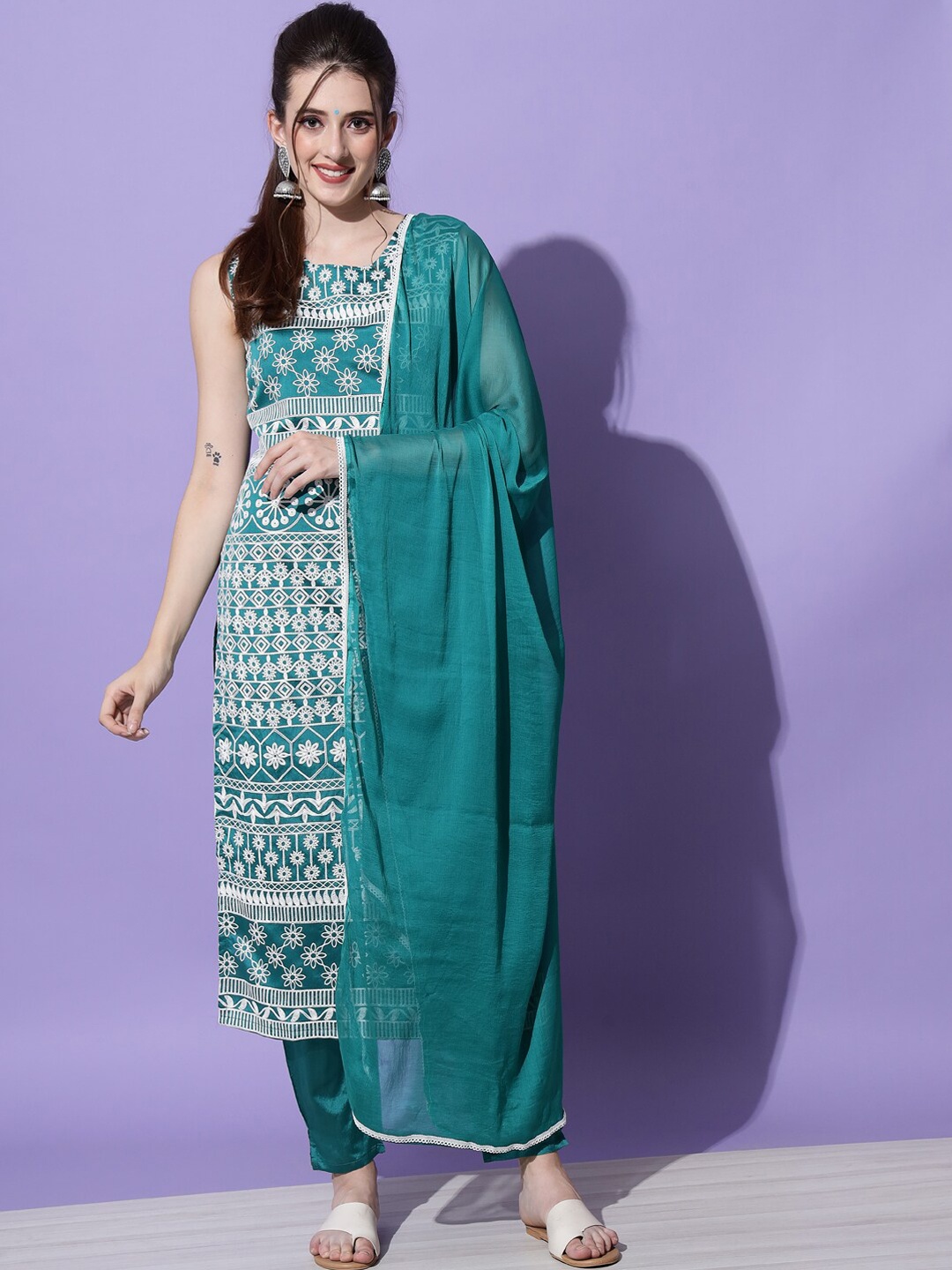 

KALINI Ethnic Motifs Embroidered Kurta with Trousers & Dupatta, Teal