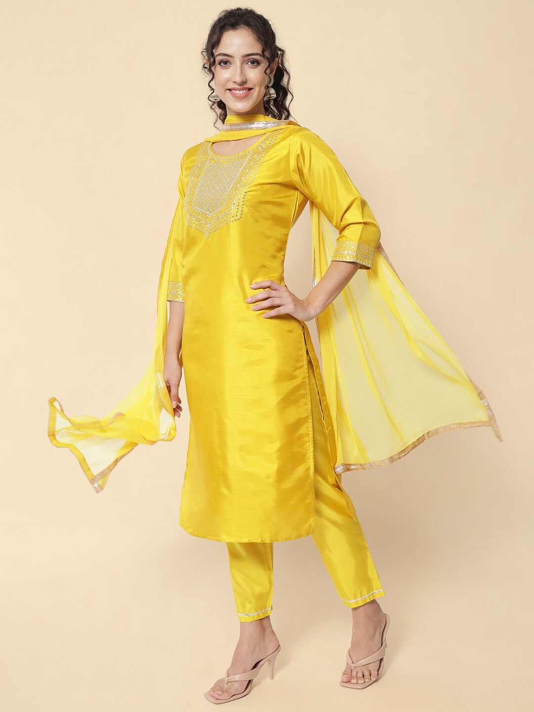 

KALINI Ethnic Motifs Yoke Design Sequinned Kurta with Trousers & With Dupatta, Yellow