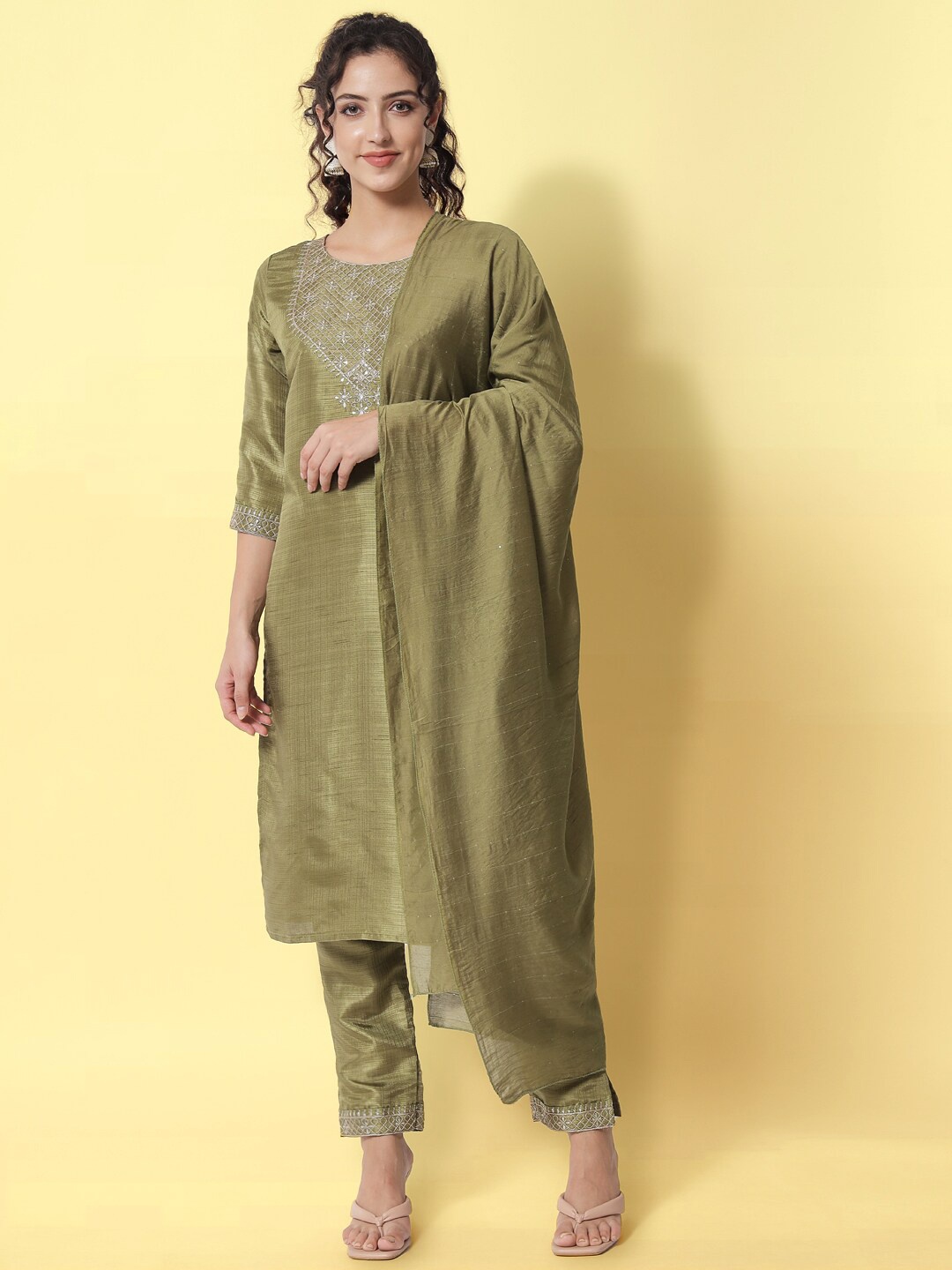 

KALINI Ethnic Motifs Embroidered Regular Sequinned Kurta with Trousers & With Dupatta, Green