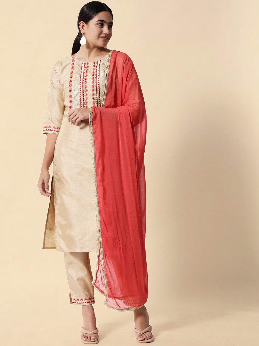 

KALINI Floral Embroidered Regular Kurta with Trousers & With Dupatta, Beige