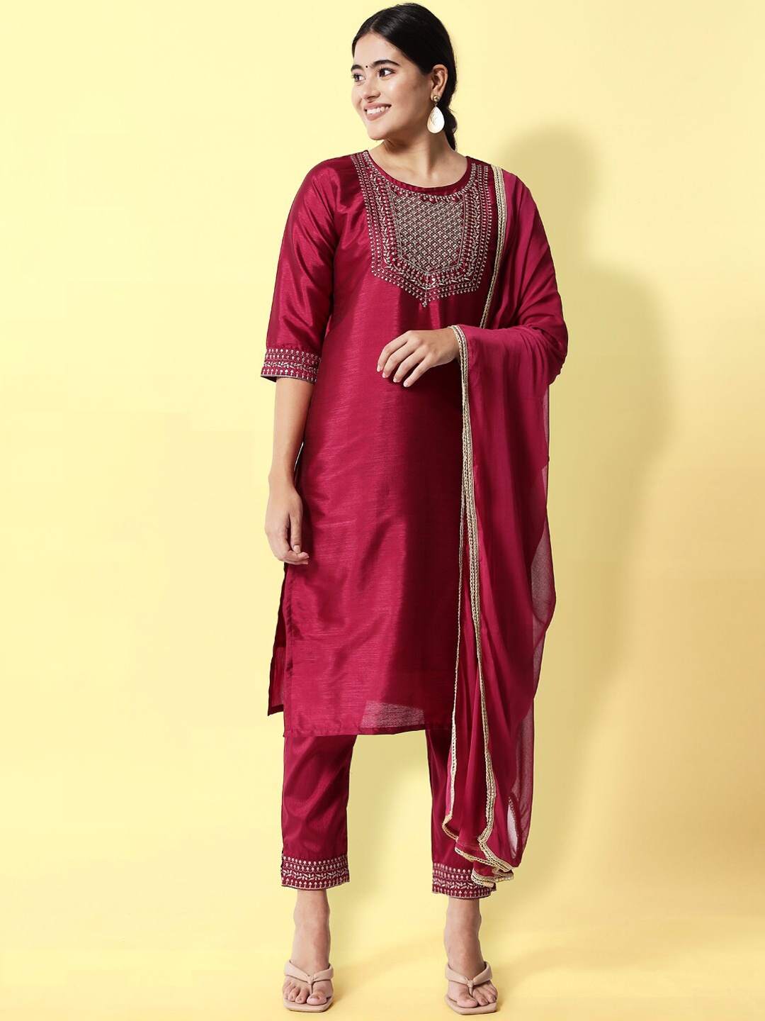 

KALINI Ethnic Motifs Yoke Design Sequinned Regular Kurta with Trousers & With Dupatta, Red