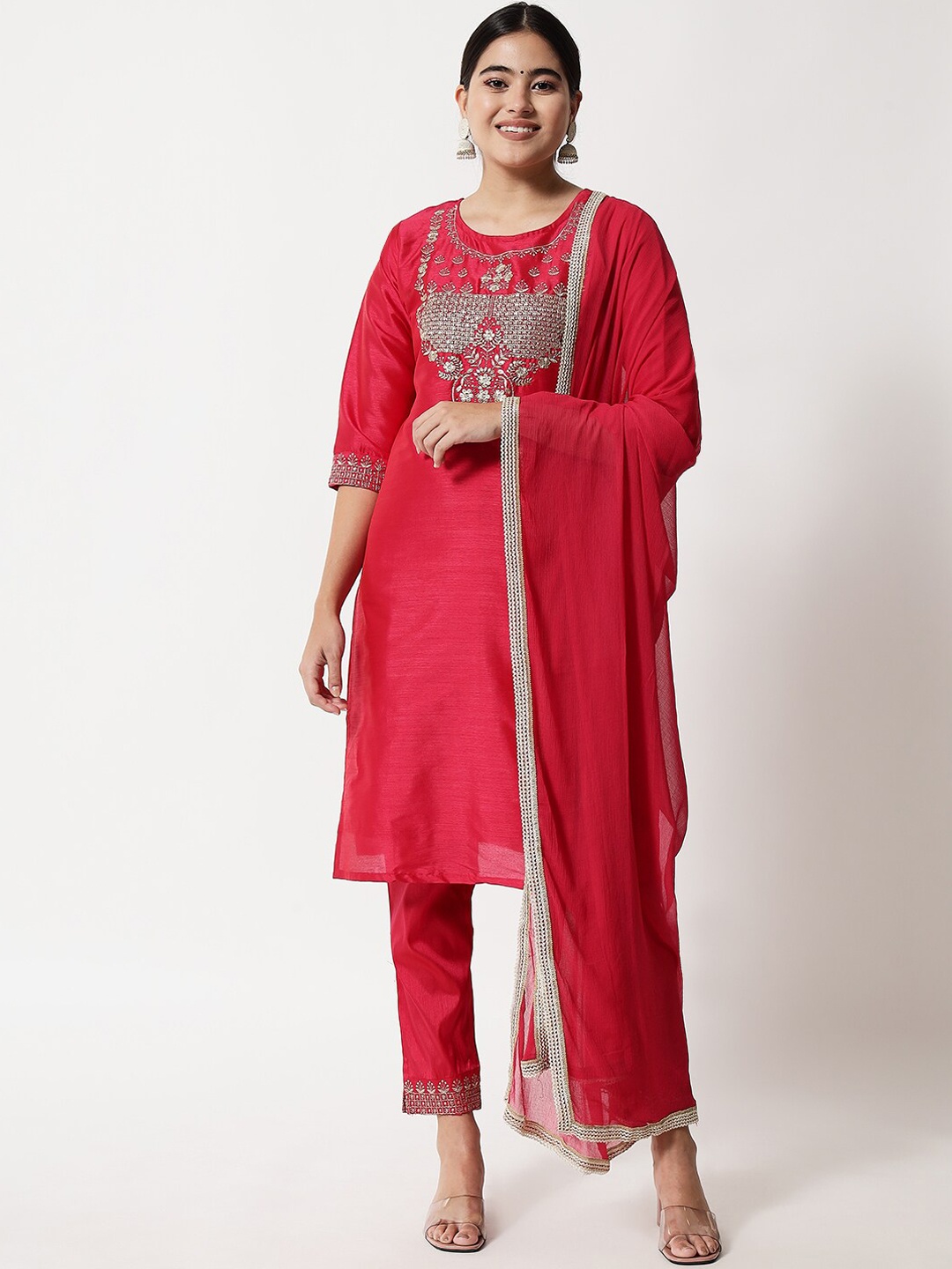 

KALINI Ethnic Motifs Embroidered Regular Kurta with Trousers & With Dupatta, Red