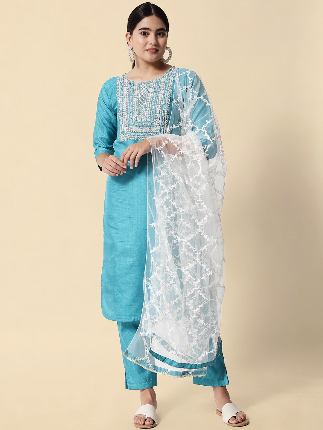 

KALINI Ethnic Motifs Yoke Design Regular Sequinned Kurta with Trousers & With Dupatta, Blue