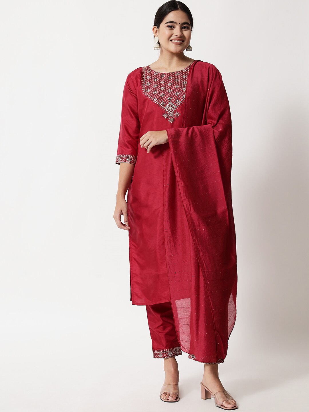 

KALINI Ethnic Motifs Embroidered Zari Sequined Kurta with Trousers & Dupatta, Maroon