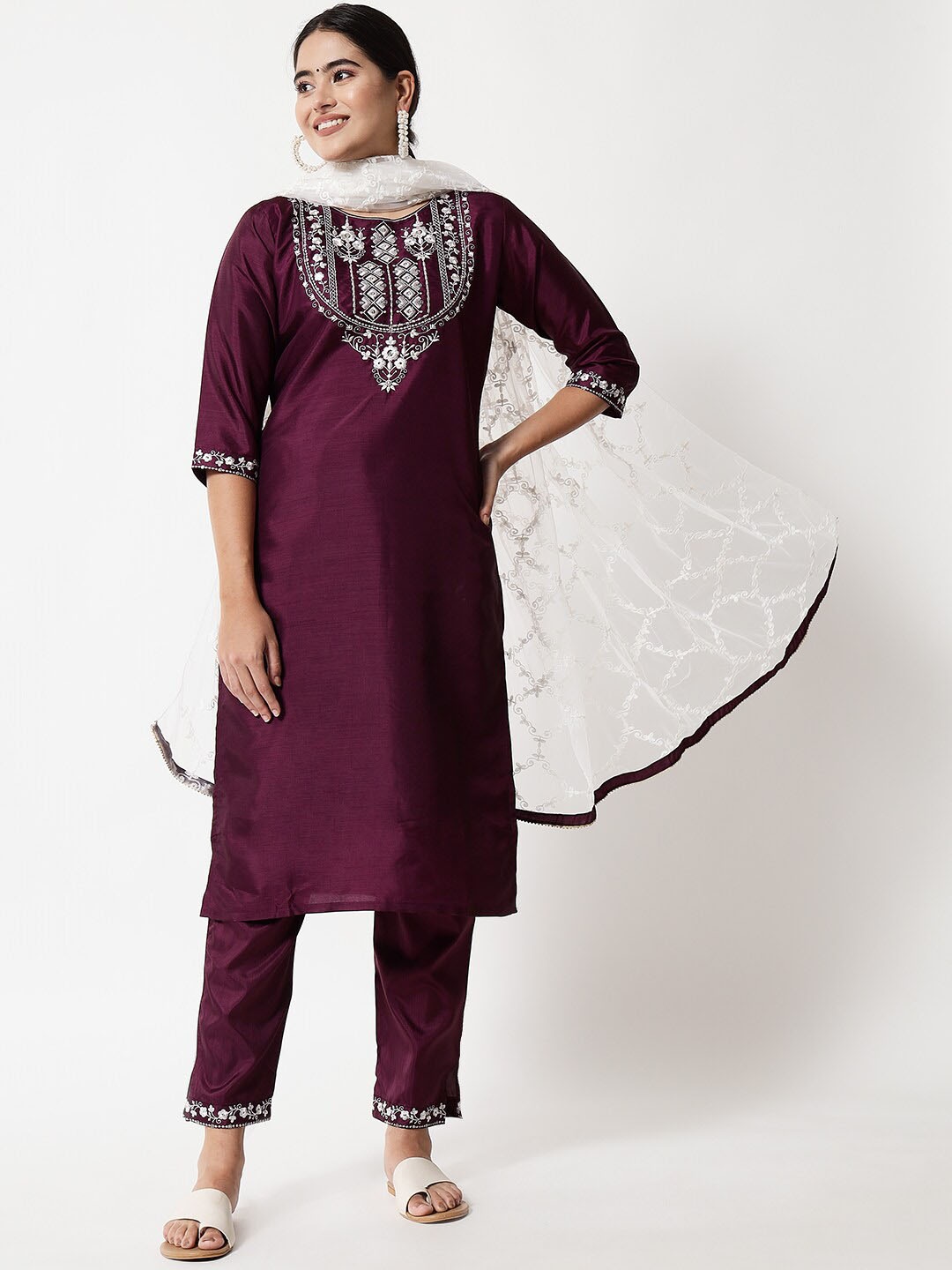 

KALINI Ethnic Motifs Embroidered Kurta with Trousers & Dupatta, Purple