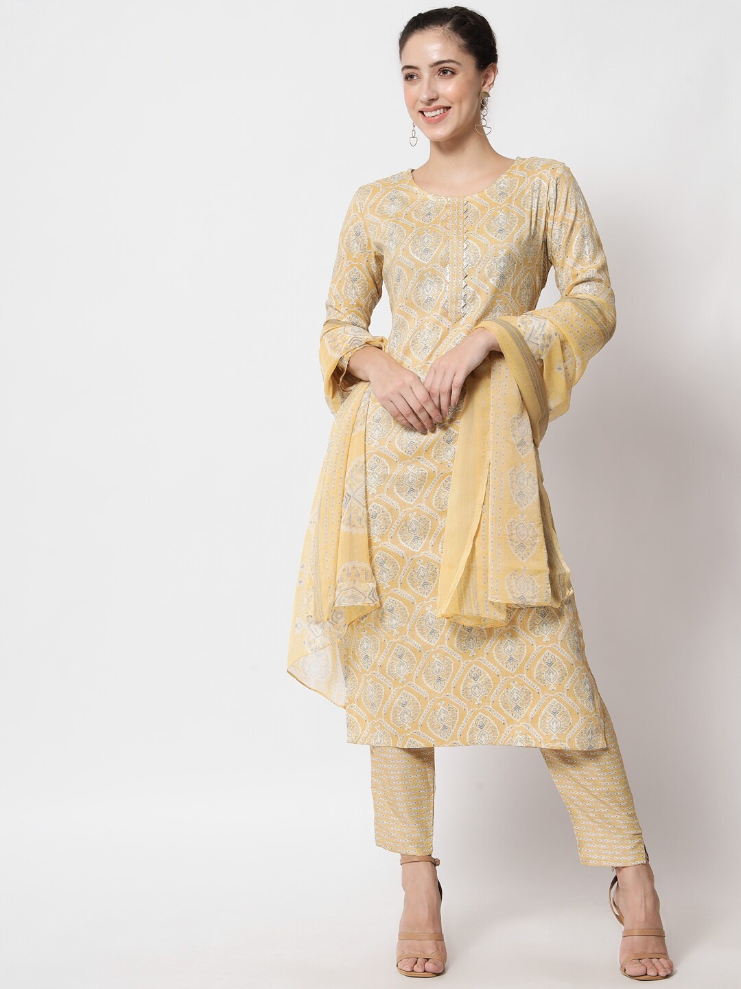 

KALINI Ethnic Motifs Printed Regular Kurta with Trousers & With Dupatta, Mustard
