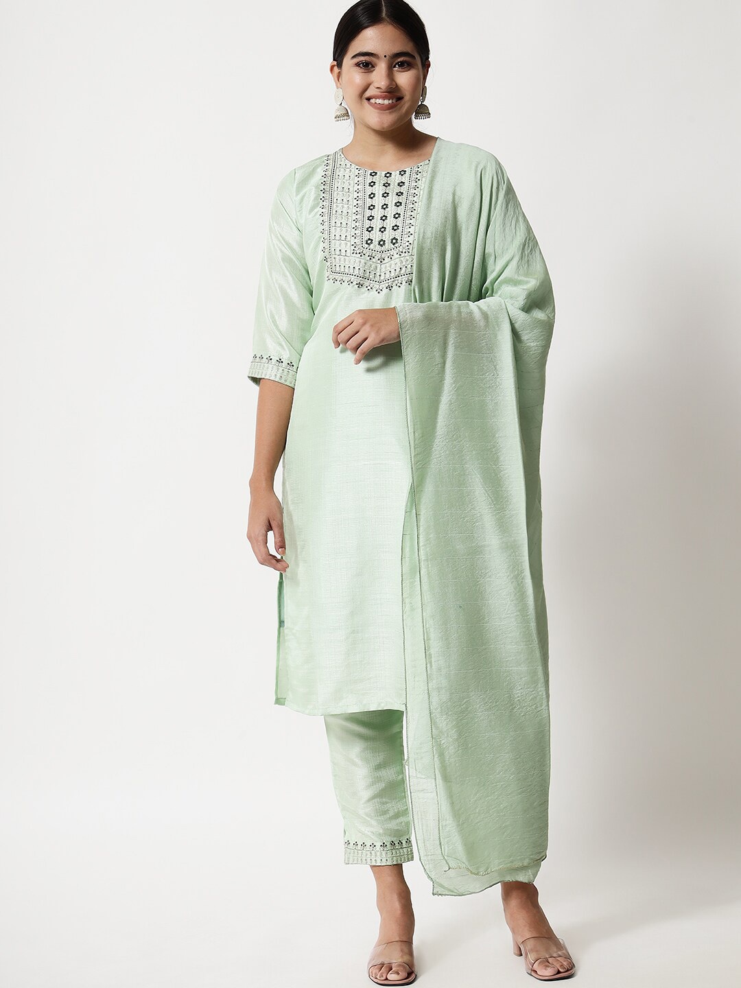 

KALINI Ethnic Motifs Embroidered Kurta with Trousers & Dupatta, Green