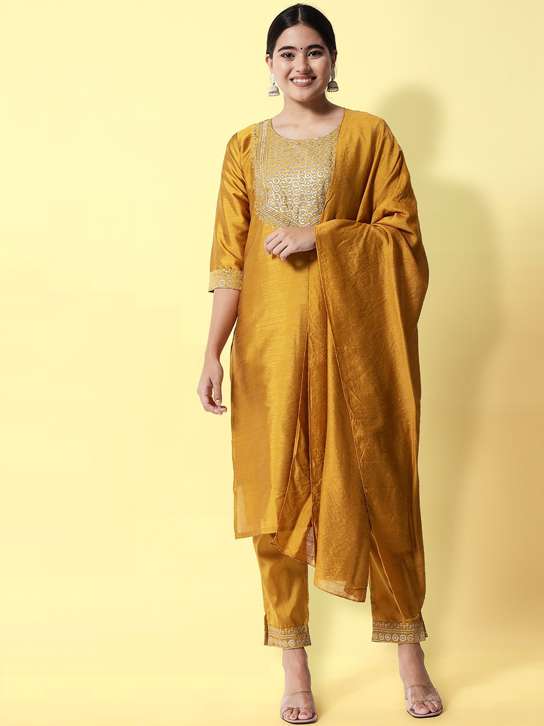 

KALINI Ethnic Motifs Yoke Design Sequinned Kurta with Trousers & With Dupatta, Mustard