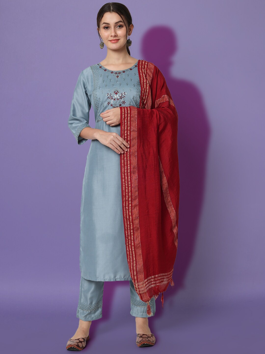 

KALINI Floral Yoke Design Thread Work Kurta with Trousers & With Dupatta, Blue