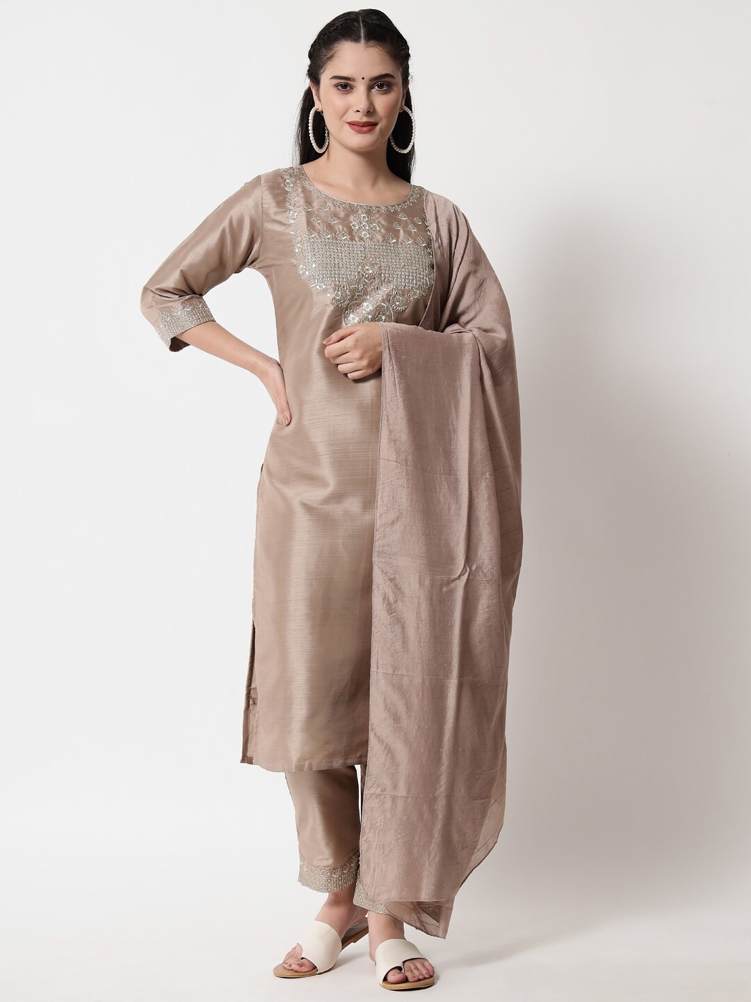 

KALINI Ethnic Motifs Yoke Design Sequinned Kurta with Trousers & With Dupatta, Beige