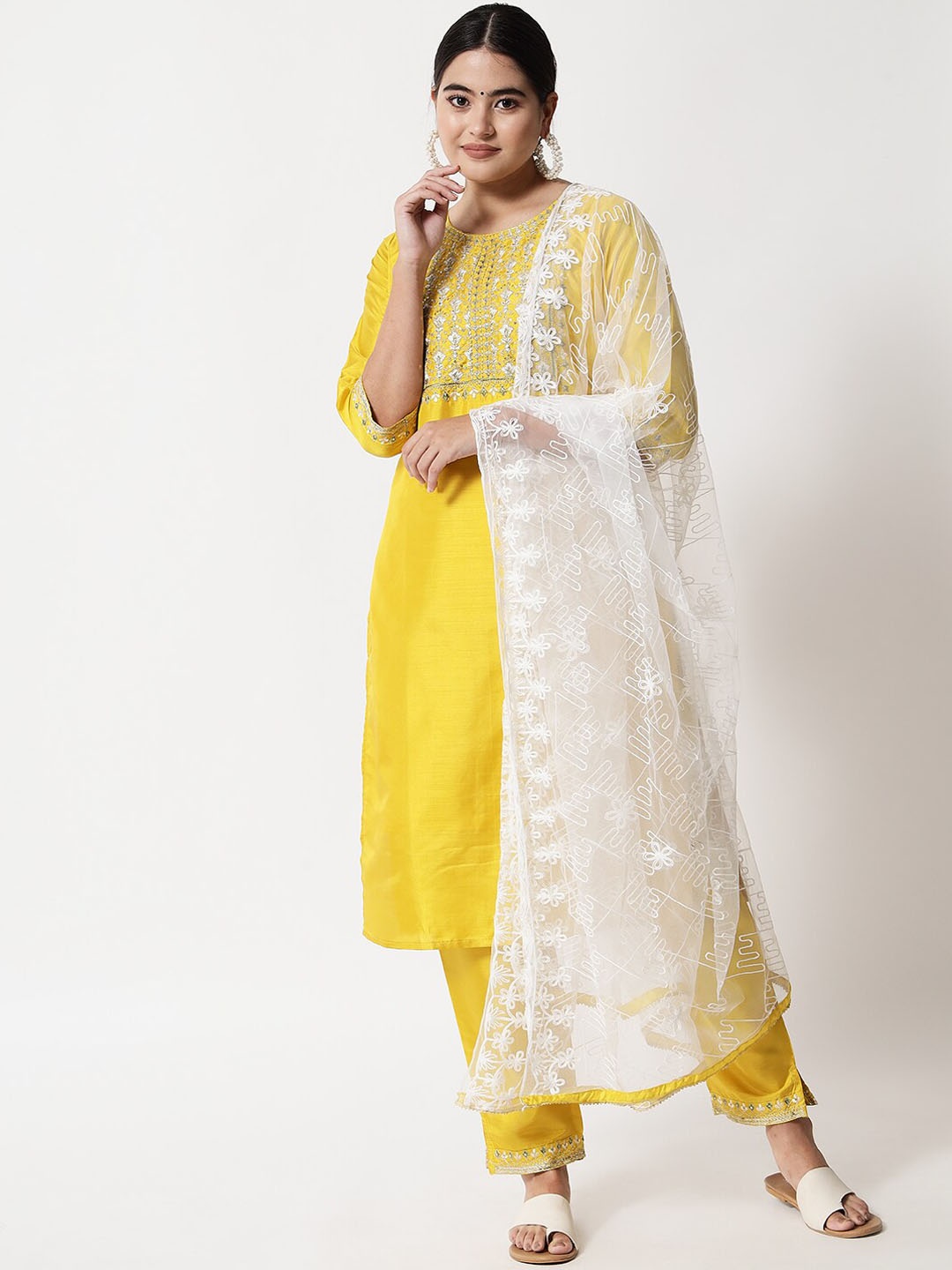 

KALINI Ethnic Motifs Embroidered Sequined Kurta with Trousers & Dupatta, Yellow