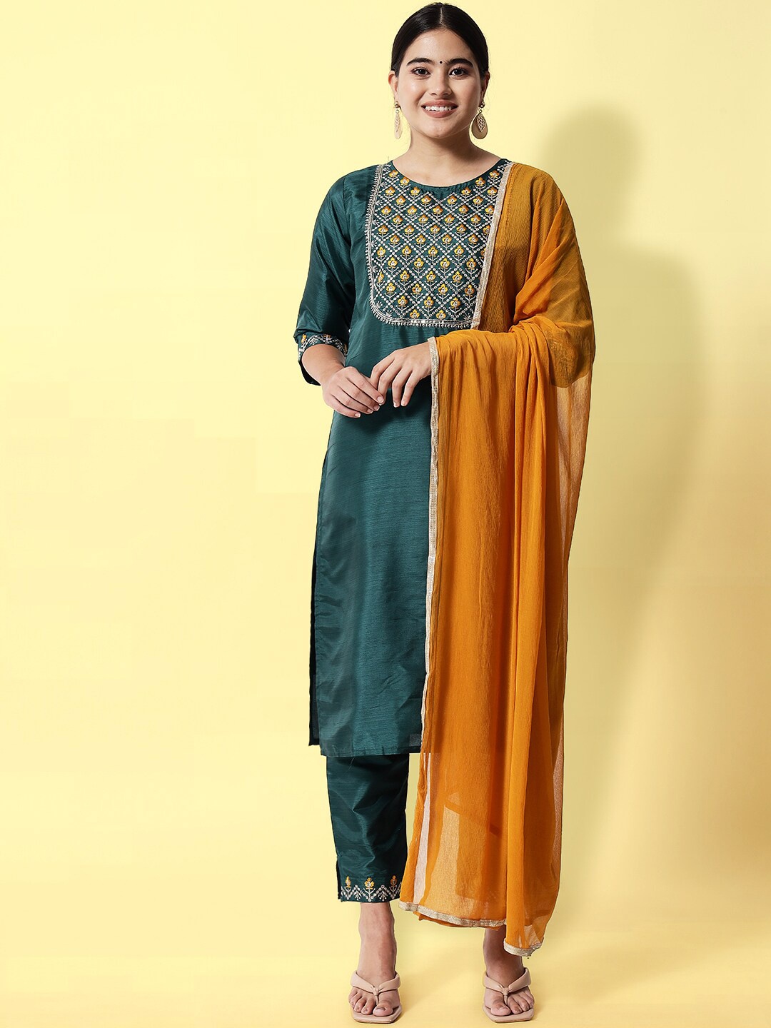 

KALINI Floral Yoke Design Thread Work Kurta with Trousers & With Dupatta, Green