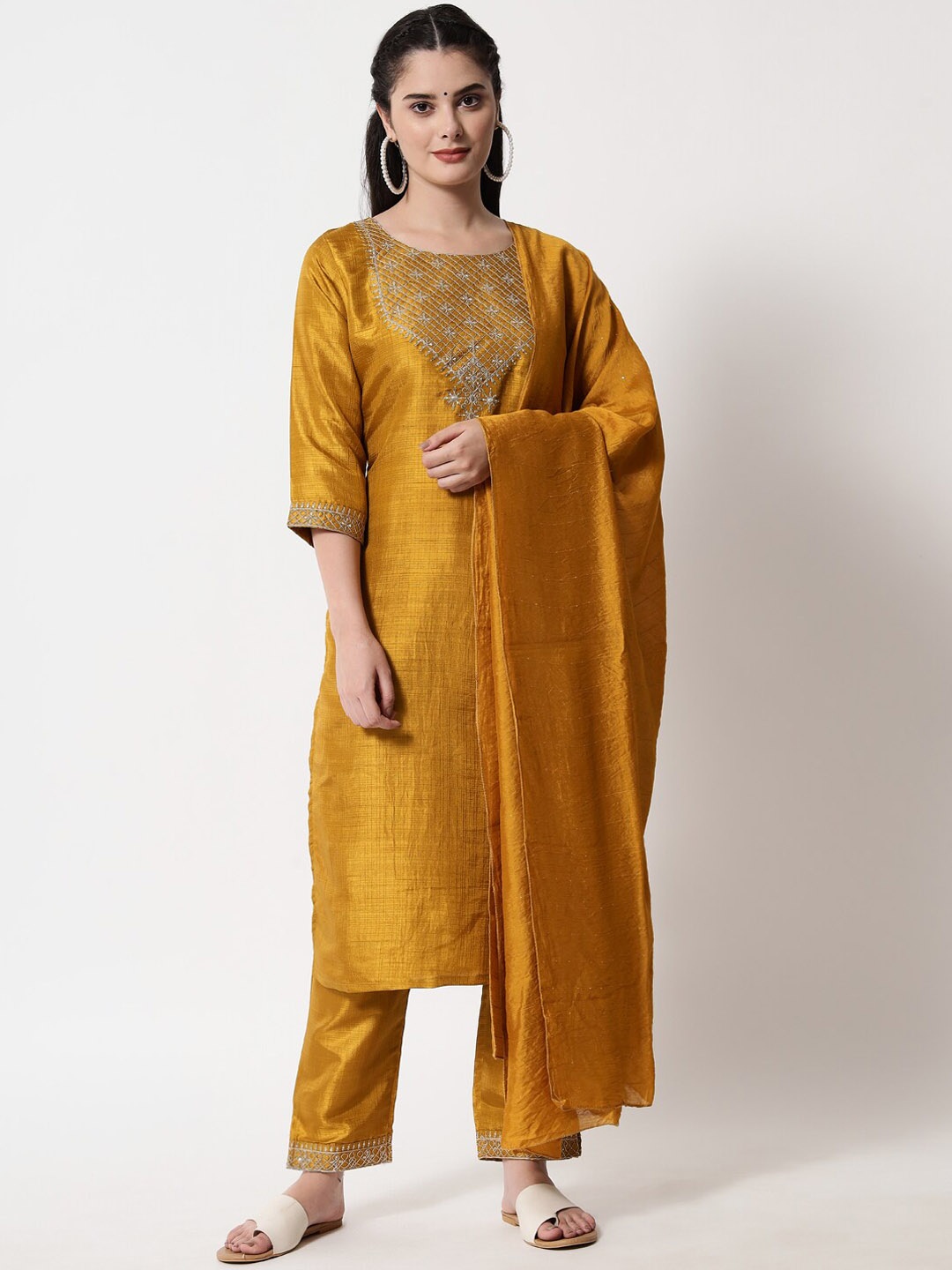 

KALINI Ethnic Motifs Yoke Design Regular Thread Work Kurta with Trousers & With Dupatta, Mustard