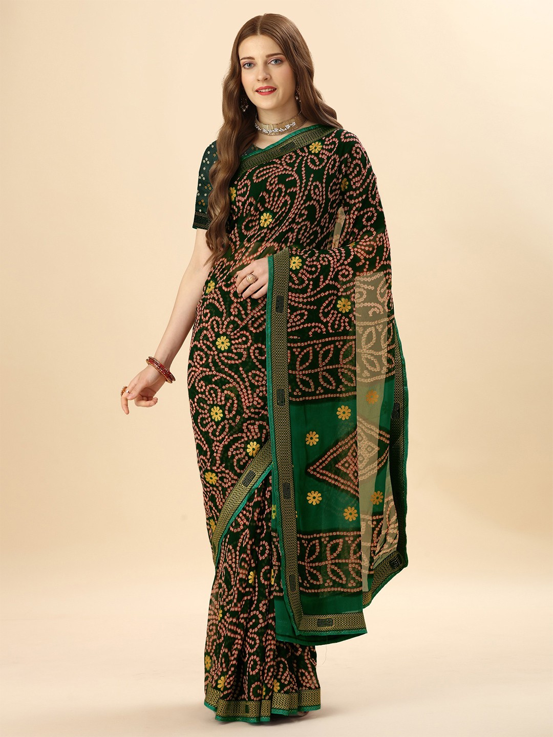 Mitera Green & Black Bandhani Printed Bead Work Pure Georgette Saree